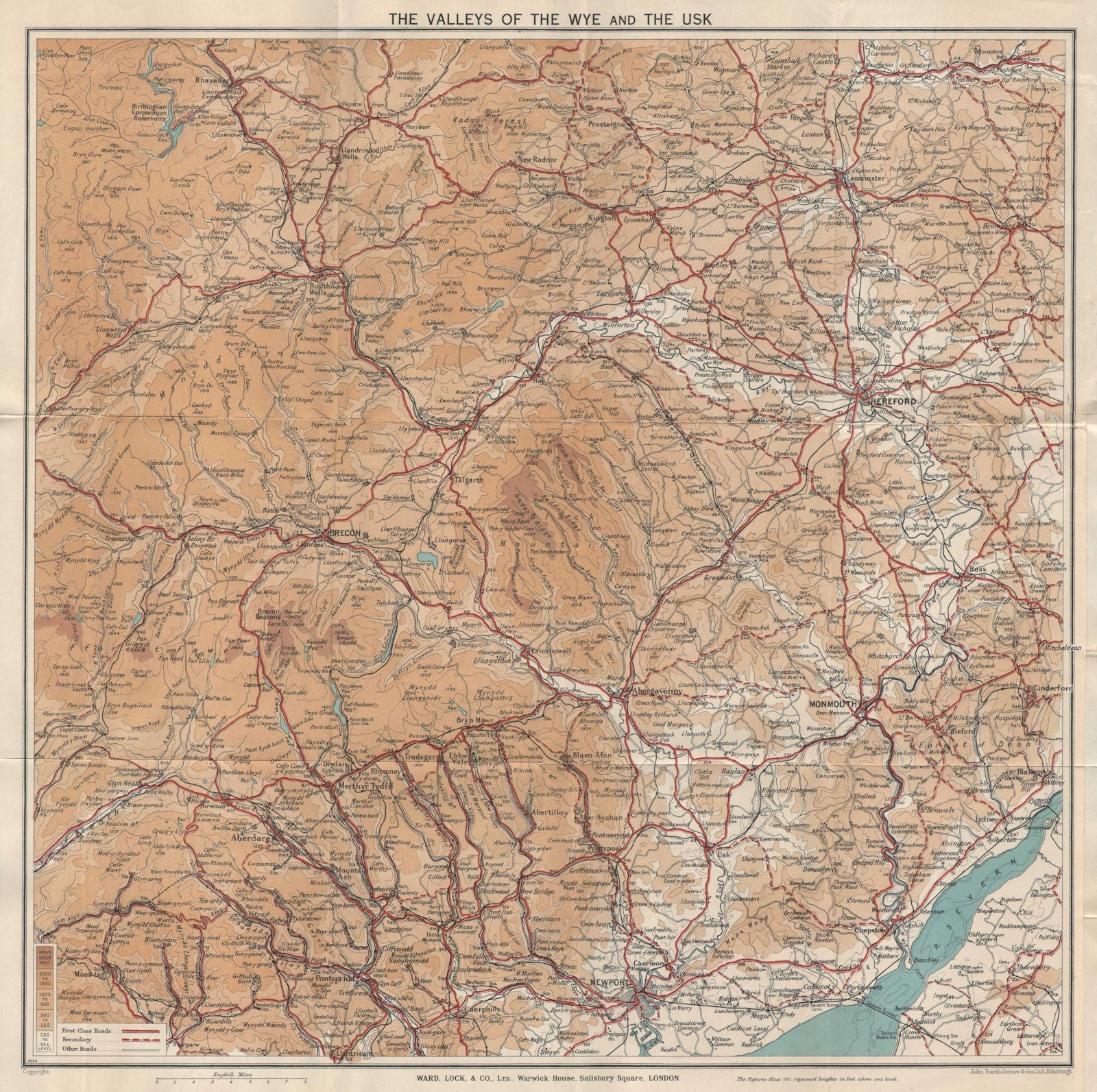 WYE & USK VALLEYS. Newport Monmouth Merthyr Tydfil Hereford Pontypridd 1939 map